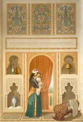 Kairo: Innenansicht des Hauses von Sidi Youssef Adami: eine Frau steht in einem Raum mit reicher Mosaik- und Marmordekoration, 19. Jahrhundert